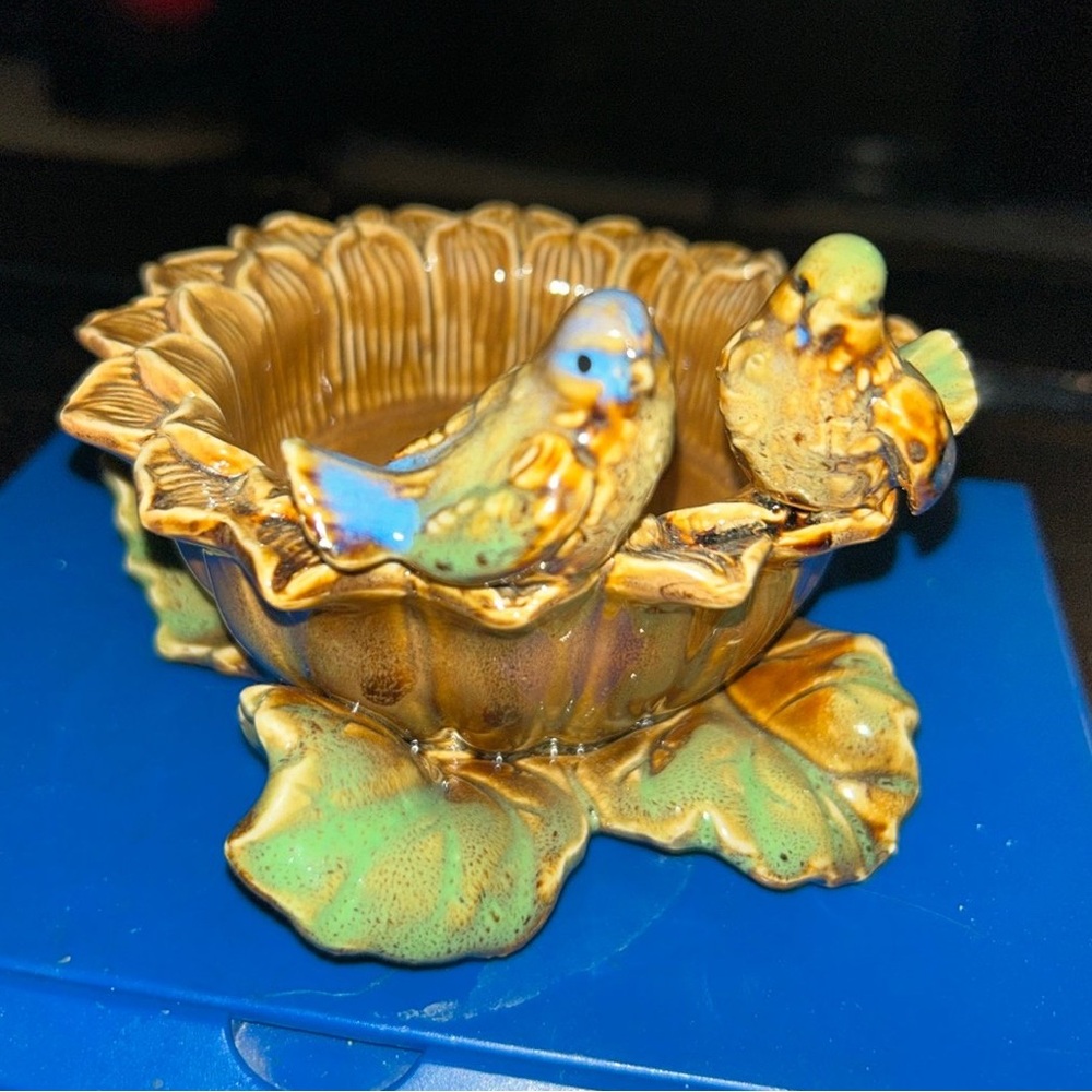 Vintage ceramic birds on a sunflower trinket dish